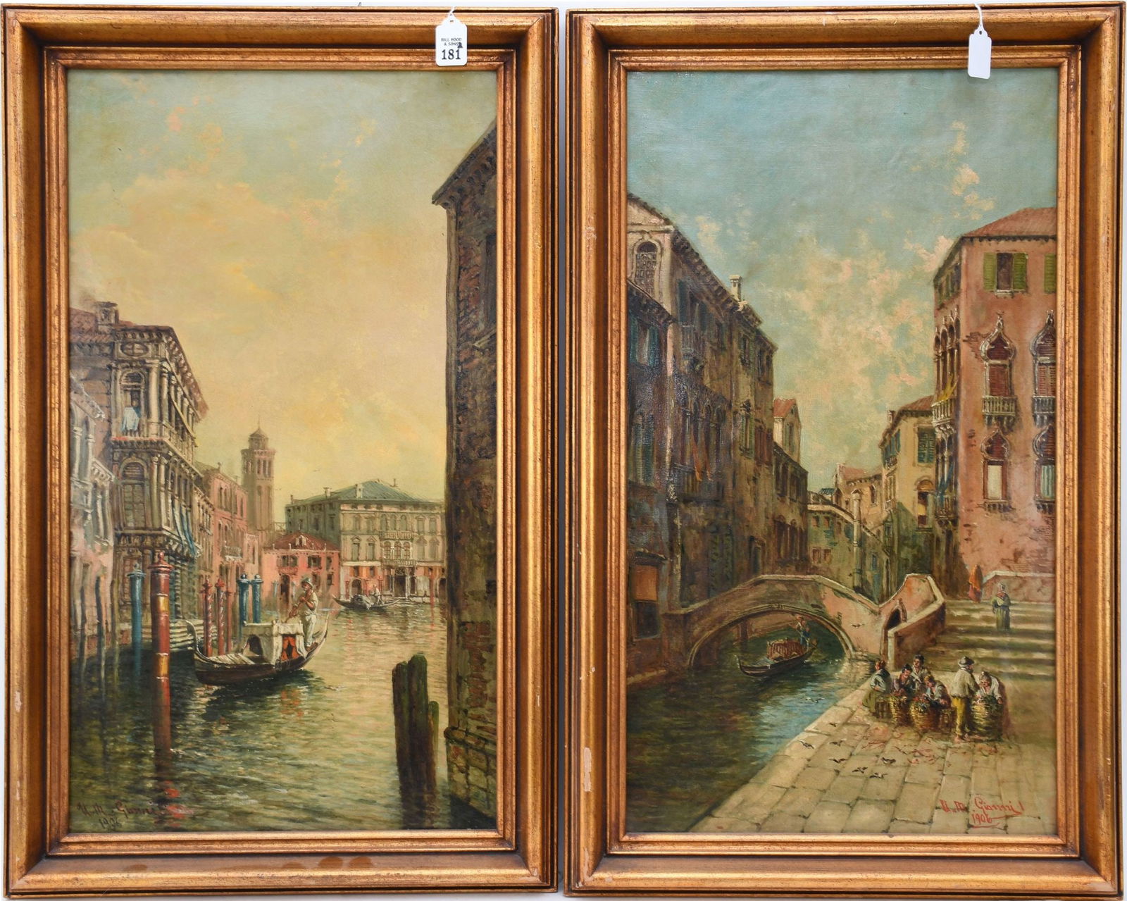 Pair Antique oil on canvas Venetian scenes signed UM Giannini and dated 1906. canvas 16 x 28 inches. (1 of 9)