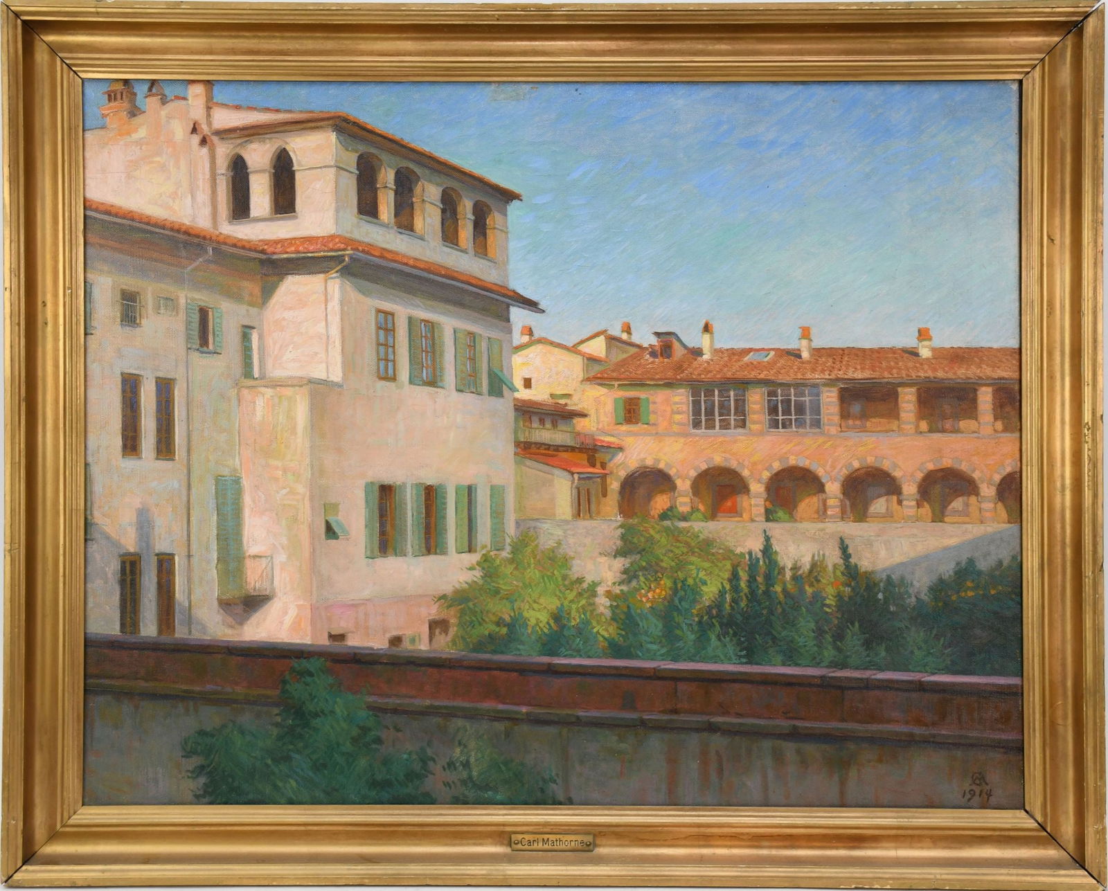 Carl Mathorne (Danish 1878-1942) Venetian painting Houses, oil on canvas, sign lower right in: Carl Mathorne (Danish 1878-1942) Venetian painting Houses, oil on canvas, sign lower right in monogram CM and dated 1914. Painting size 21 1/2 x 27 1/2 inches. Overall framed size 25 x 31 inches.