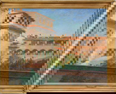 Carl Mathorne (Danish 1878-1942) Venetian painting Houses, oil on canvas, sign lower right in: Carl Mathorne (Danish 1878-1942) Venetian painting Houses, oil on canvas, sign lower right in monogram CM and dated 1914. Painting size 21 1/2 x 27 1/2 inches. Overall framed size 25 x 31 inches.