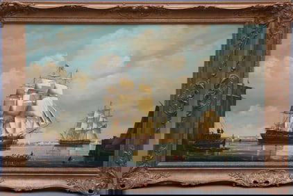 Salvatore Colacicco (Italian b.1935) oil on panel, Marine painting clipper in port, painting size
