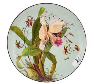 Antique Minton charger, orchids against a sky blue ground hand painted by William Heath Pilsbury 14