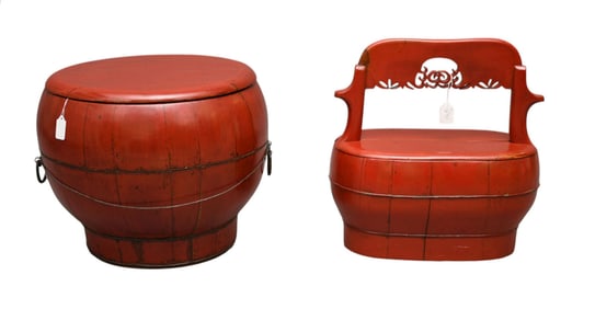 2 Chinese Red Lacquer Basket. Round basket 18" W x 15" H, Oblong basket with handle 16" W x 18" H