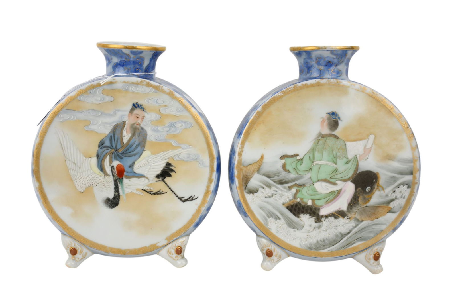 Pair of Chinese Porcelain Footed Moon Vases, Late 19th Century, The tondo’s depicting a dignitary: Pair of Chinese Porcelain Footed Moon Vases, Late 19th Century, The tondo’s depicting a dignitary seated on a crane amongst clouds and a dignitary in a robe riding a carp amongst waves, The verso of