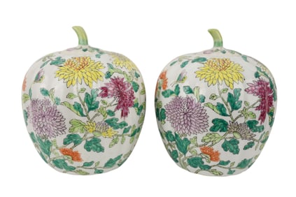Pair of Chinese Famille Verte Gourd Shaped Lidded Jars, 20th Century, With orange, purple and pink