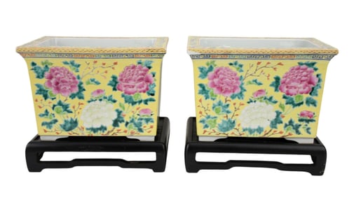 Pair of Chinese Famille Jaune Jardinière, 20th Century, Republic Period, pink and white flowers on