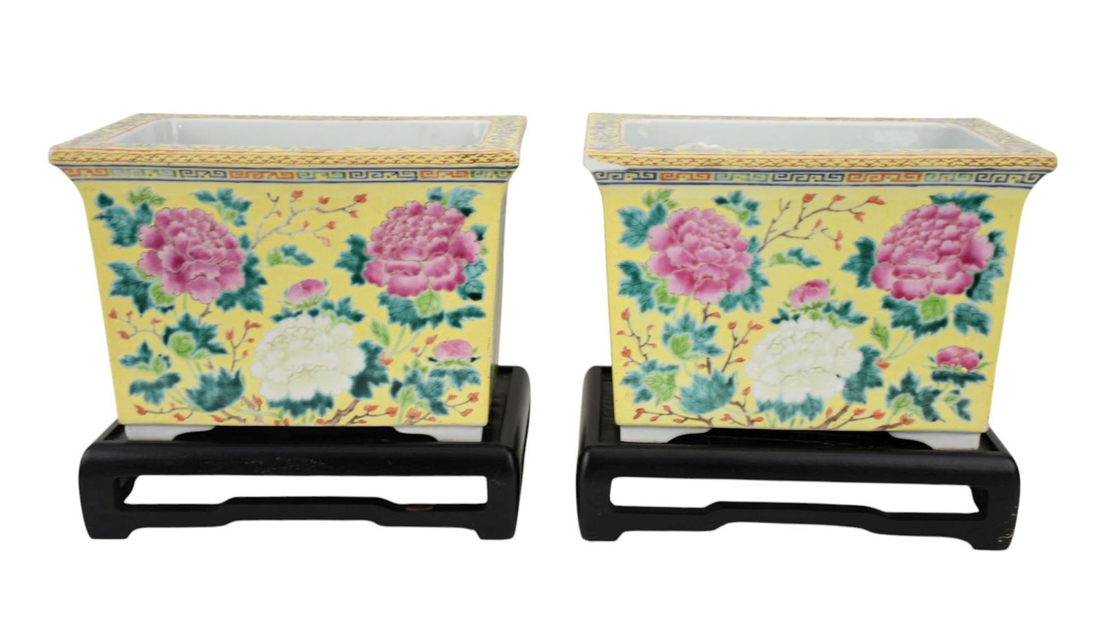 Pair of Chinese Famille Jaune Jardinière, 20th Century, Republic Period, pink and white flowers on (1 of 19)