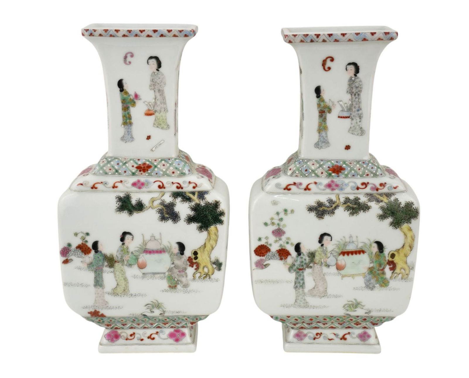 Pair of Chinese Famille Rose Footed Vases, 19th Century, square baluster shape Having multiple (1 of 8)