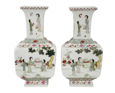 Pair of Chinese Famille Rose Footed Vases, 19th Century, square baluster shape Having multiple: Pair of Chinese Famille Rose Footed Vases, 19th Century, square baluster shape Having multiple female genre scenes on neck and body, Both with same motifs but in different color palettes, Blue six-cha