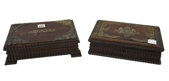 2 Cigar Boxes with Silver Ornamentation, Tramp art Style, Lettering "Carutos" 3"h x 10"w x 7"d