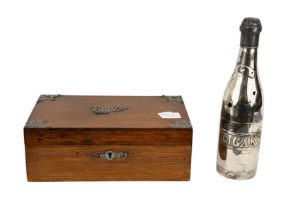 Antique Oak Cigar Box (4"h x 11"w 7"d) AND Bottle Form Humidor, Silverplate, (10 1/2"h)