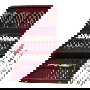 Lunt Sterling Silver Flatware Set, Eloquence Pattern 1953, incl; 12 Dinner Knives (9"L), 12 Dinner: Lunt Sterling Silver Flatware Set, Eloquence Pattern 1953, incl; 12 Dinner Knives (9"L), 12 Dinner Forks (7 1/4"L), 12 Forks (6 3/4"L), 24 Teaspoons, 12 Soup Spoons and 7 Serving Pcs. AND 6 Non-Matchi
