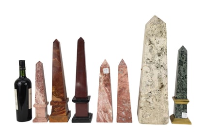 7 Assorted Polished Hardstone Obelisks, Coquina rock is the tallest at 20"h, smallest 11"h