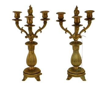 Pair Antique Austrian Gilt Three-Light Candelabras - A pair of neoclassical three-light candelabras.