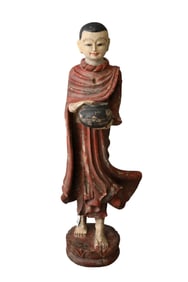 Antique Burmese Wood Carving of a Buddhist Monk - Carved and painted wood, probably teak. Depicting