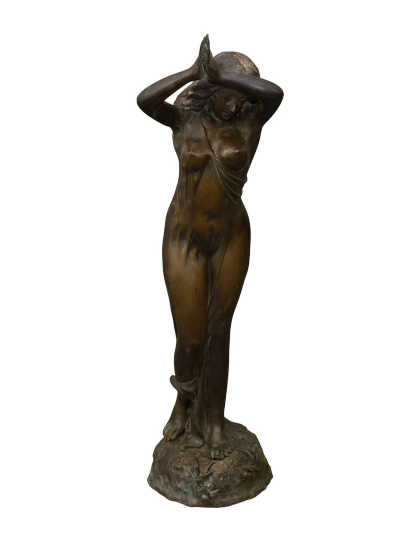 Art Nouveau Style Bronze Sculpture of a Nymph - 20th century. A patinated bronze sculpture in art: Art Nouveau Style Bronze Sculpture of a Nymph - 20th century. A patinated bronze sculpture in art nouveau style. Depicting a young female maiden with diaphonus clinging dress, on an integral naturalis