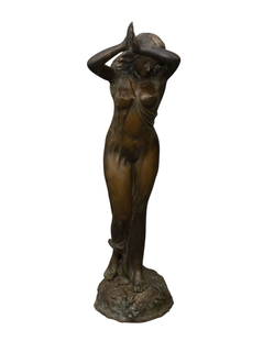 Art Nouveau Style Bronze Sculpture of a Nymph - 20th century. A patinated bronze sculpture in art: Art Nouveau Style Bronze Sculpture of a Nymph - 20th century. A patinated bronze sculpture in art nouveau style. Depicting a young female maiden with diaphonus clinging dress, on an integral naturalis