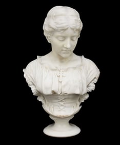 F. Saul Carrara Marble Bust of Evangelina, C. 19th Century - A French carved white Carrera marble