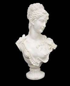 Carved White Marble Bust of a Young Beauty - 20th Century. A carved marble bust depicting a