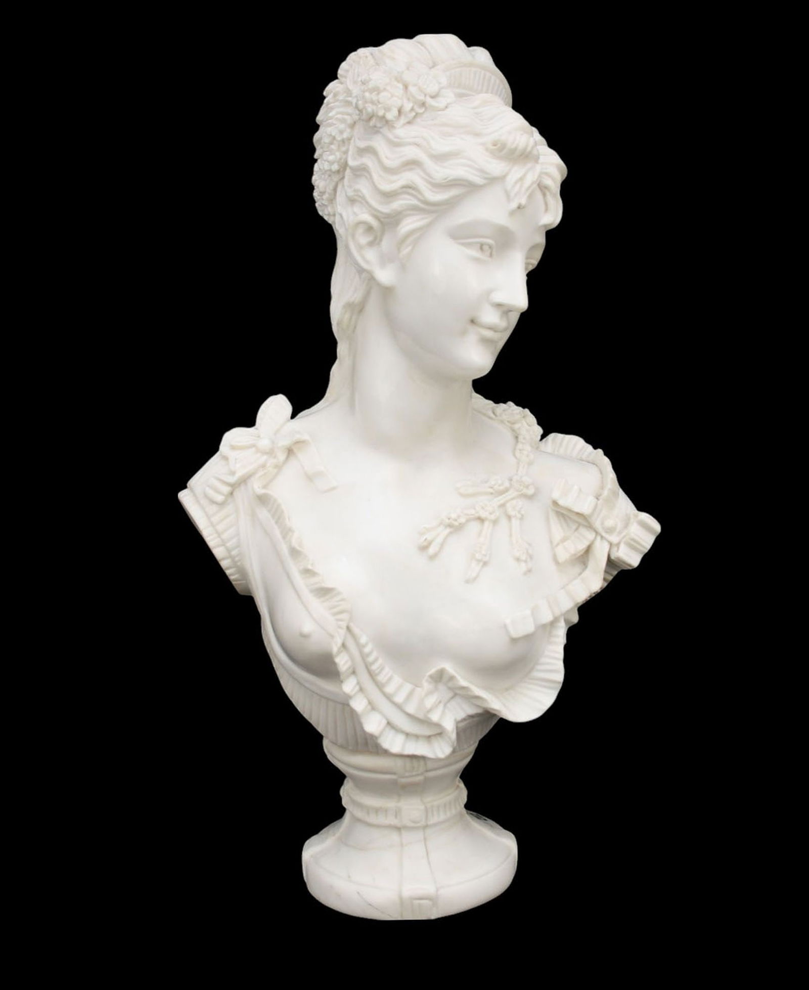 Carved White Marble Bust of a Young Beauty - 20th Century. A carved marble bust depicting a (1 of 7)