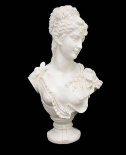 Carved White Marble Bust of a Young Beauty - 20th Century. A carved marble bust depicting a: Carved White Marble Bust of a Young Beauty - 20th Century. A carved marble bust depicting a Victorian style young woman. 26" h x 15" w.