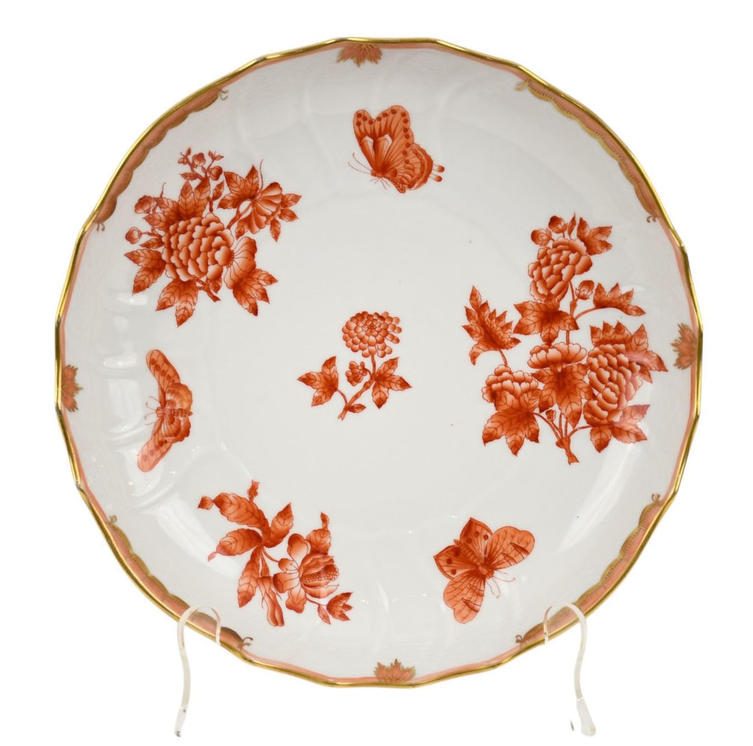Herend Hungary 'Fortuna' Rust Serving Bowl - Porcelain. Fortuna pattern in Rust with gold trim. (1 of 5)