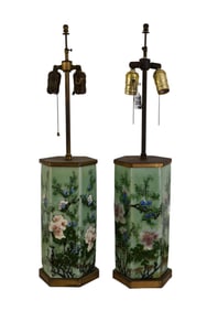 Pair Chinese Celadon Porcelain Hexagonal Vases, Mounted as Lamps - A pair of antique Chinese celadon