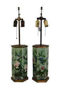 Pair Chinese Celadon Porcelain Hexagonal Vases, Mounted as Lamps - A pair of antique Chinese celadon: Pair Chinese Celadon Porcelain Hexagonal Vases, Mounted as Lamps - A pair of antique Chinese celadon glazed hexagonal lamps, blue/white/rose raised glazed floral accents, and painted foliate branches.