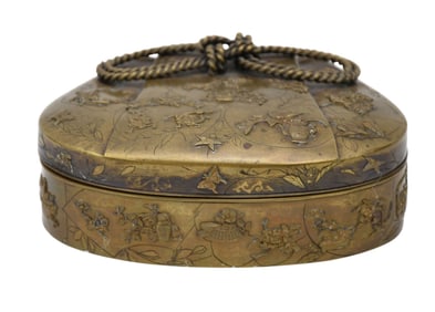 Antique Japanese Bronze Lidded Snuff Box, Ornamented with birds, antiquities and baskets in high
