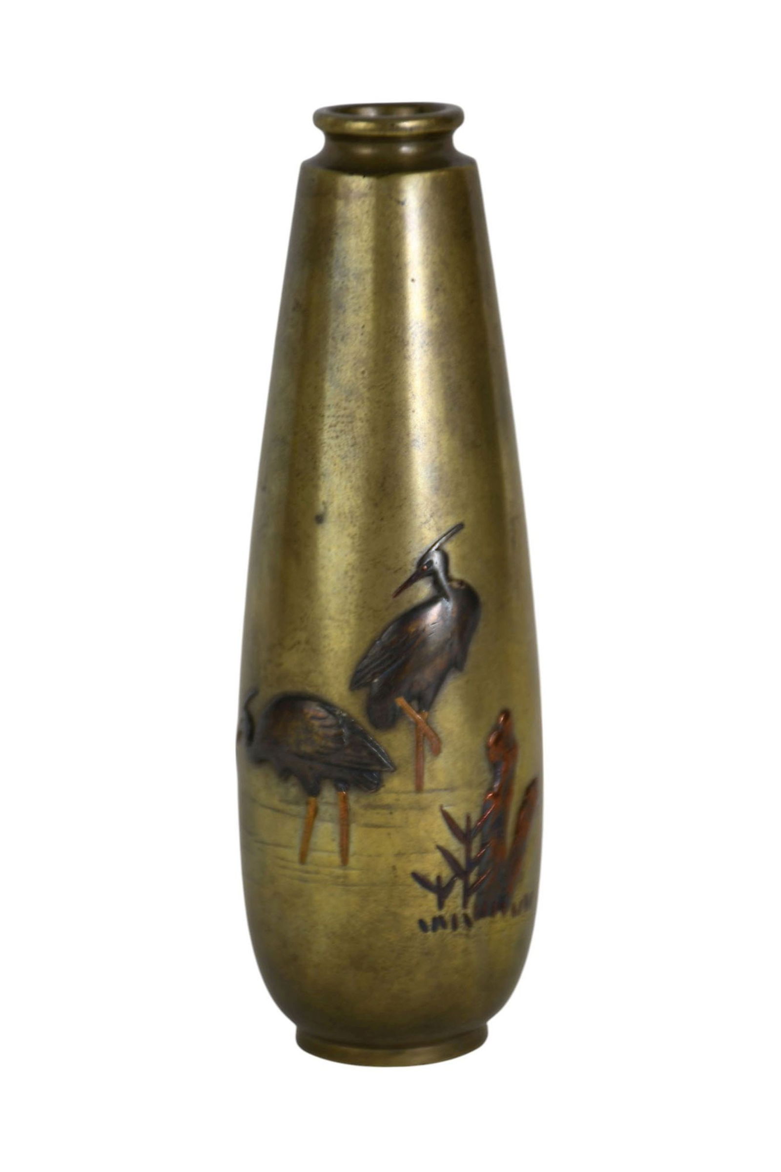 A mixed metal footed bronze bud vase with two cranes.  Meiji Period, Two character signature on base (1 of 5)