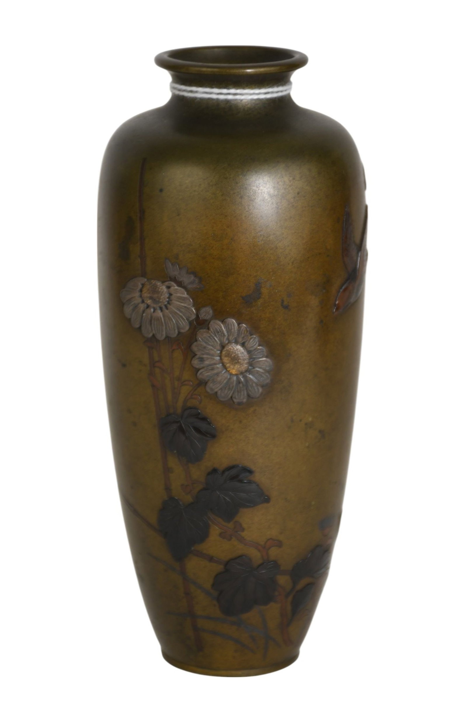 A mixed metal tapered bronze vase with floral and bird motifs, No apparent signature H. 6: A mixed metal tapered bronze vase with floral and bird motifs, No apparent signature H. 6”