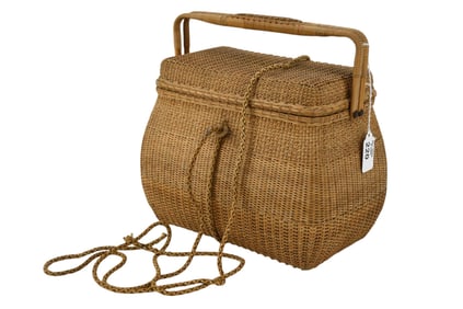 Japanese Woven basket for tea utensils with tight geometric weave techniques and double serving