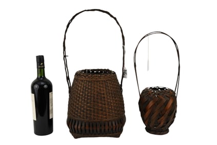 Two Japanese Bamboo Baskets with Handles, Mid. 20th Century, Comprising: A) Tapered basket with
