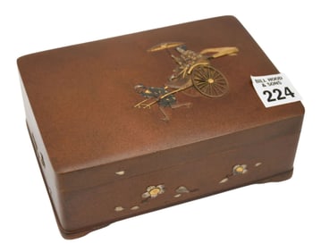 19th Century Japanese Mixed Metal Hinged Box with Richshaw design, signed on bottom. 2 1/2"h x 6"w x