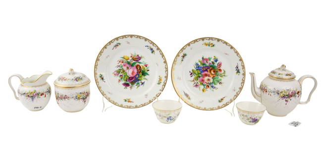 Sèvres Napoleon III Partial Tea Set, C. 1863-1872 - French. A collection of Sèvres porcelain tea: Sèvres Napoleon III Partial Tea Set, C. 1863-1872 - French. A collection of Sèvres porcelain tea articles. Each decorated with handpainted florals and gilt accents. Three different patterns included