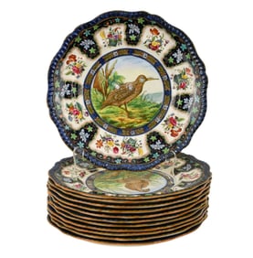 12 Copeland Spode Upland Game Bird Dinner Plates, C. 1930s - England. 12 earthenware dinner plates