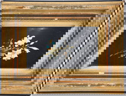 Antique Framed Pietra Dura Plaque of Lillies, Italian - A floral Pietra dura inlaid stone mosaic: Antique Framed Pietra Dura Plaque of Lillies, Italian - A floral Pietra dura inlaid stone mosaic plaque of a small bouquet of white lilies, black ground. In a giltwood frame. Sight - 7" x 4 1/8", Over