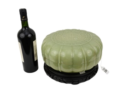 Large Chinese Carved Celadon Jade 'Shou' Lotus Box & Cover - Carved of semi-translucent green