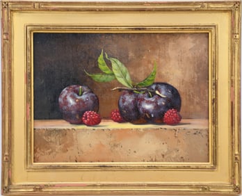 Carle Shi (Born 1961) is active/lives in New York / China. Oil on canvas of plums and raspberries,