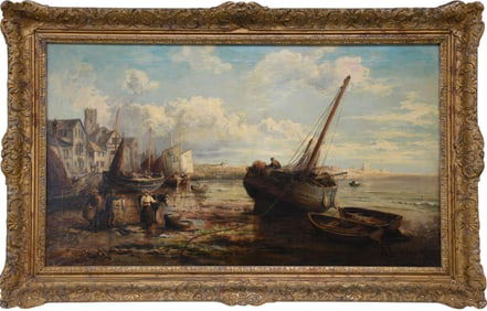 William Lambert ? busy fishing harbor Oil on canvas, signed illegibly 24 x 42 inches