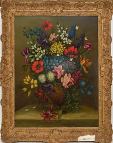 Jan Van Doust (Dutch, 1794-1846) Oil on Panel Painting, Floral Still Life Painting, overall framed