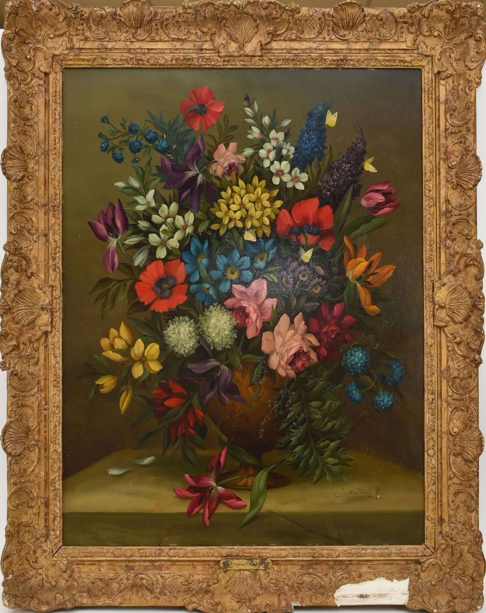 Jan Van Doust (Dutch, 1794-1846) Oil on Panel Painting,  Floral Still Life Painting, overall framed (1 of 10)