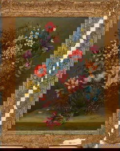 Jan Van Doust (Dutch, 1794-1846) Oil on Panel Painting,  Floral Still Life Painting, overall framed: Jan Van Doust (Dutch, 1794-1846) Oil on Panel Painting, Floral Still Life Painting, overall framed size 37 x 32 inches gilt frame has a large pieces missing at bottom edge.
