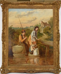 English scene by B Foster, Oil on canvas, Family Fishing by the River, canvas size is 30 x 25