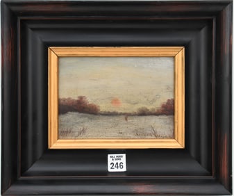 William Baylies (Mass. 1859 - 1934) Oil on Artist board, sunset landscape w/ figure. 5 x 7 inches.