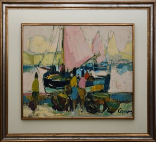 Campaz? oil on canvas sailboat and people on shore impressionist signed illegibly Campaz? Painting