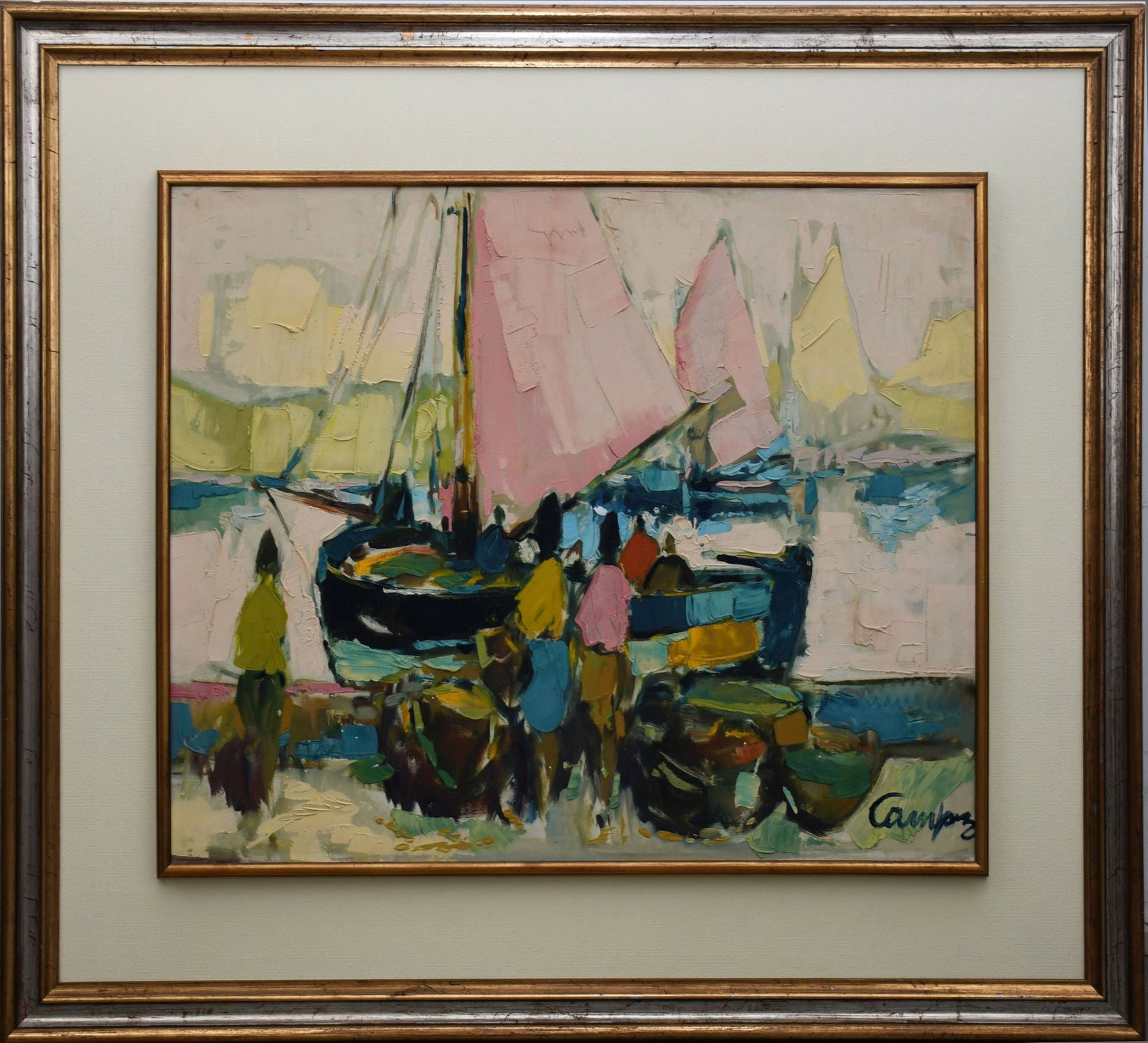 Campaz? oil on canvas sailboat and people on shore impressionist signed illegibly Campaz? Painting: Campaz? oil on canvas sailboat and people on shore impressionist signed illegibly Campaz? Painting 24 x 30 inches, overall frame size 43 x 37 1/2 inches.
