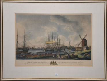 Large Antique Harbor Etching. View of River and Shipping, framed under glass, Sight size 20 x 30
