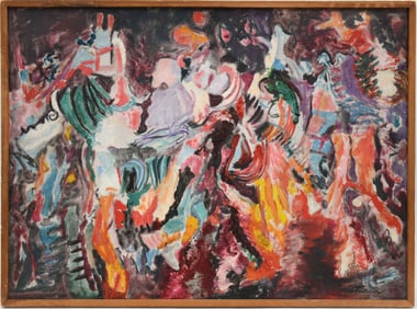 Mildred Tommy Atkin (NY b. 1903) oil on canvas, CARNIVAL, 21-1/2 x 29-3/4 inches overall framed