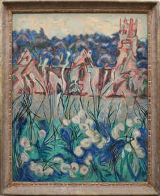 Mildred Tommy Atkin (NY b. 1903) oil on canvas, Blue Garden-1957. 38 x 32 inches, overall framed