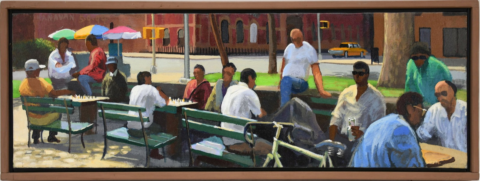 Frank Hanavan (American 20th Century) Plein Air Hoboken Artist, Acrylic on Canvas,: Frank Hanavan (American 20th Century) Plein Air Hoboken Artist, Acrylic on Canvas, Chess Hustlers, 8 x 24 inches, overall framed size is 9-1/2 x 25-1/2 inches